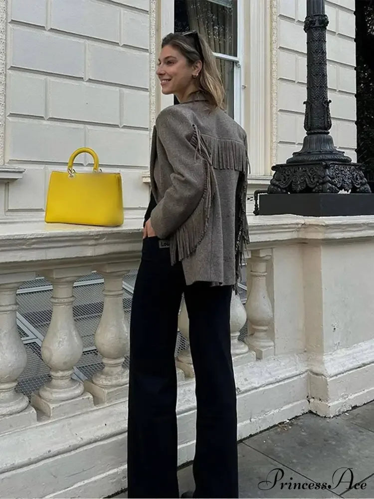 Tassels Patchwork Long Sleeves Lapel Single Breasted Buckle Slim Stylish Coat