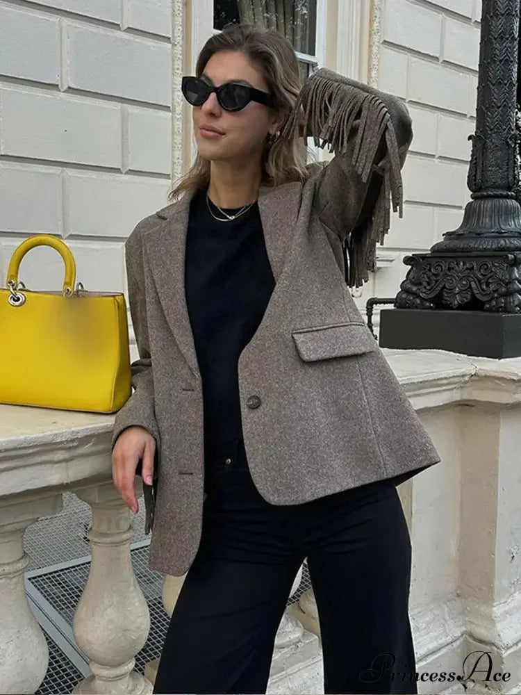 Tassels Patchwork Long Sleeves Lapel Single Breasted Buckle Slim Stylish Coat