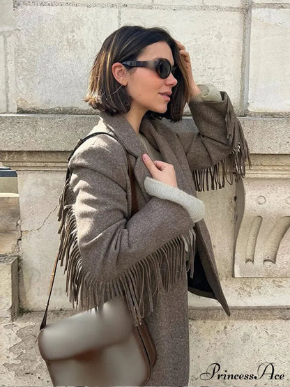 Tassels Patchwork Long Sleeves Lapel Single Breasted Buckle Slim Stylish Coat
