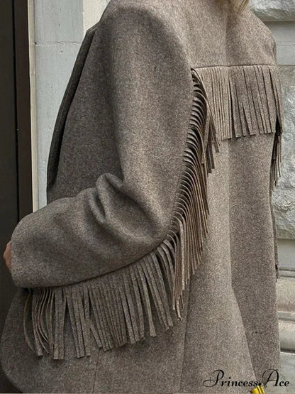 Tassels Patchwork Long Sleeves Lapel Single Breasted Buckle Slim Stylish Coat