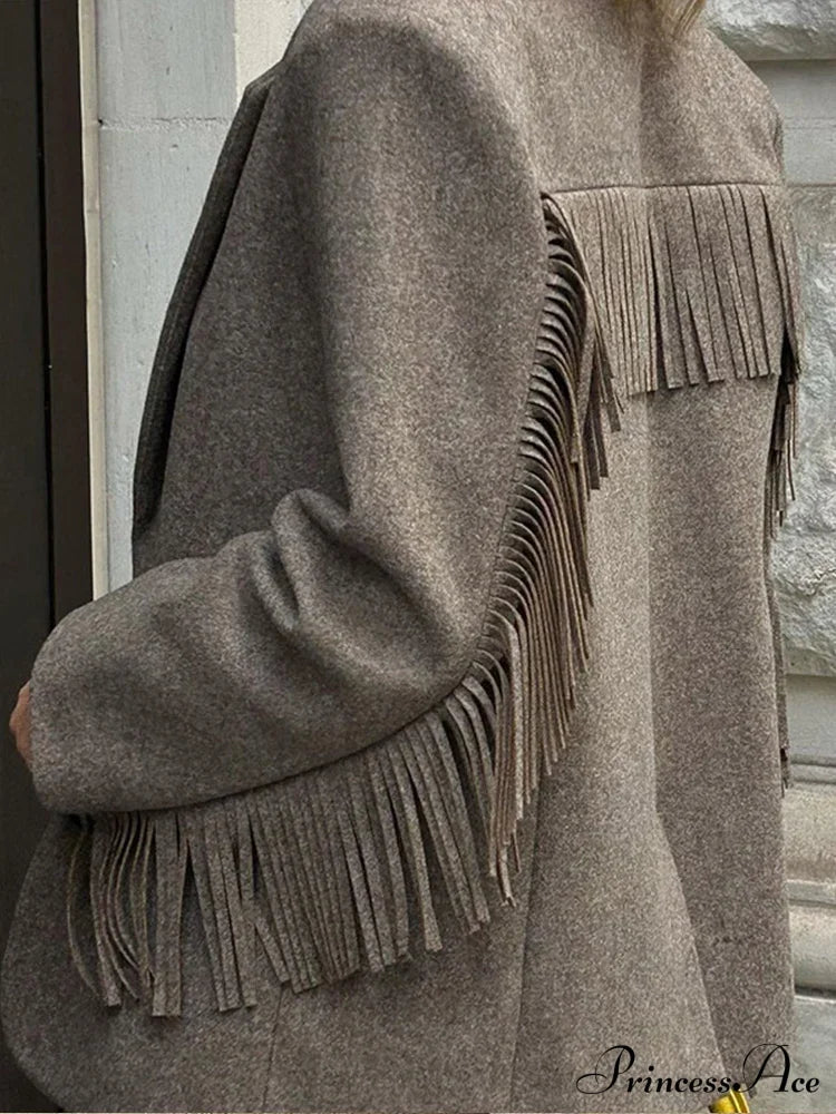 Tassels Patchwork Long Sleeves Lapel Single Breasted Buckle Slim Stylish Coat