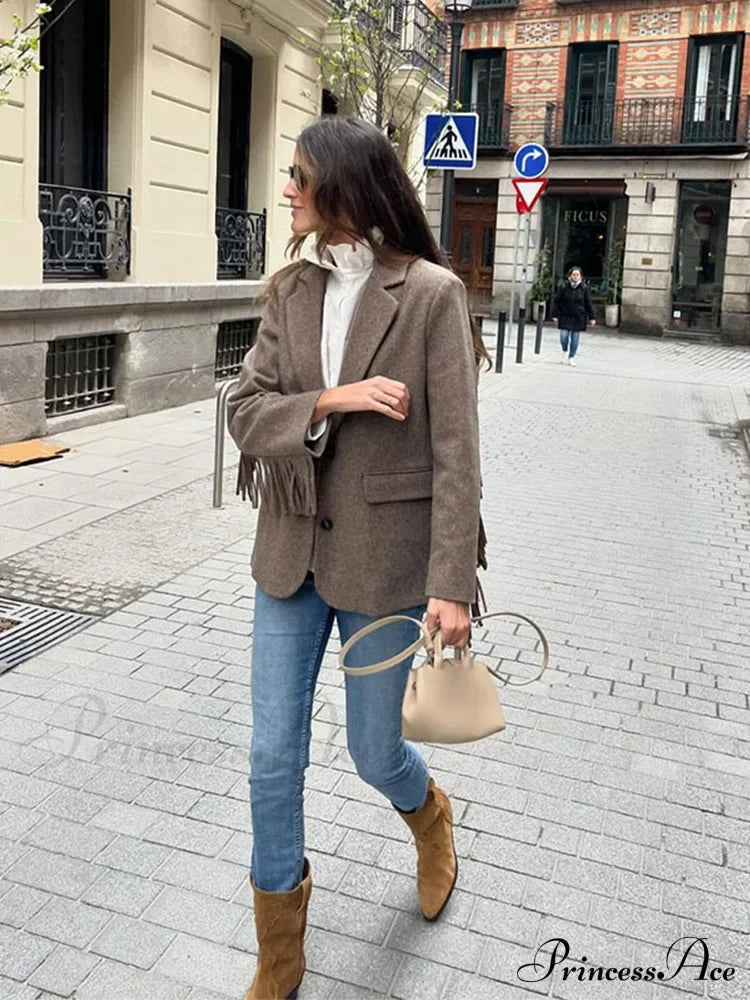Tassels Patchwork Long Sleeves Lapel Single Breasted Buckle Slim Stylish Coat