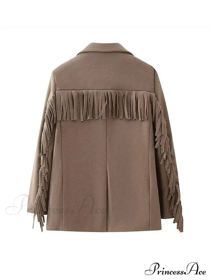 Tassels Patchwork Long Sleeves Lapel Single Breasted Buckle Slim Stylish Coat