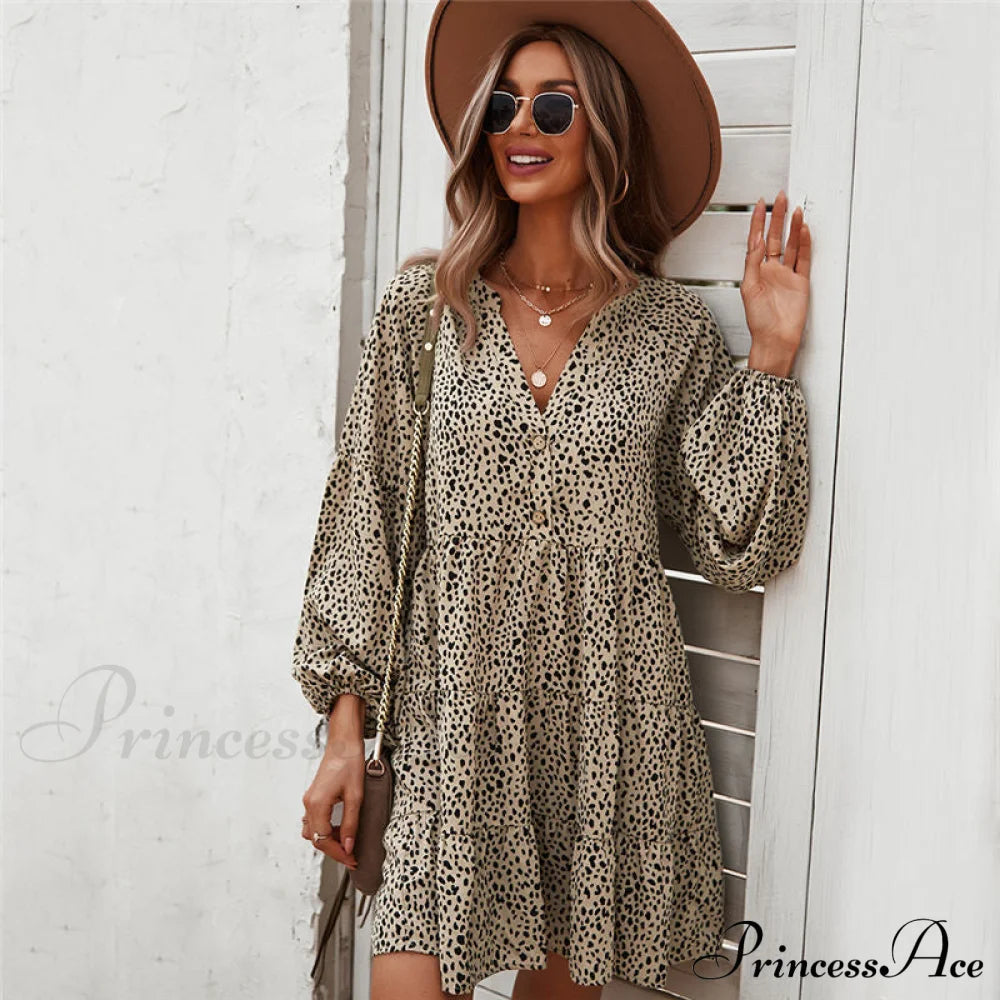 V Neck Button Full Sleeve Dot Mini Dresses