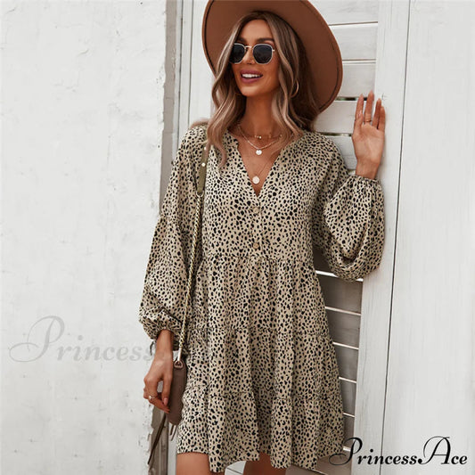 V Neck Button Full Sleeve Dot Mini Dresses