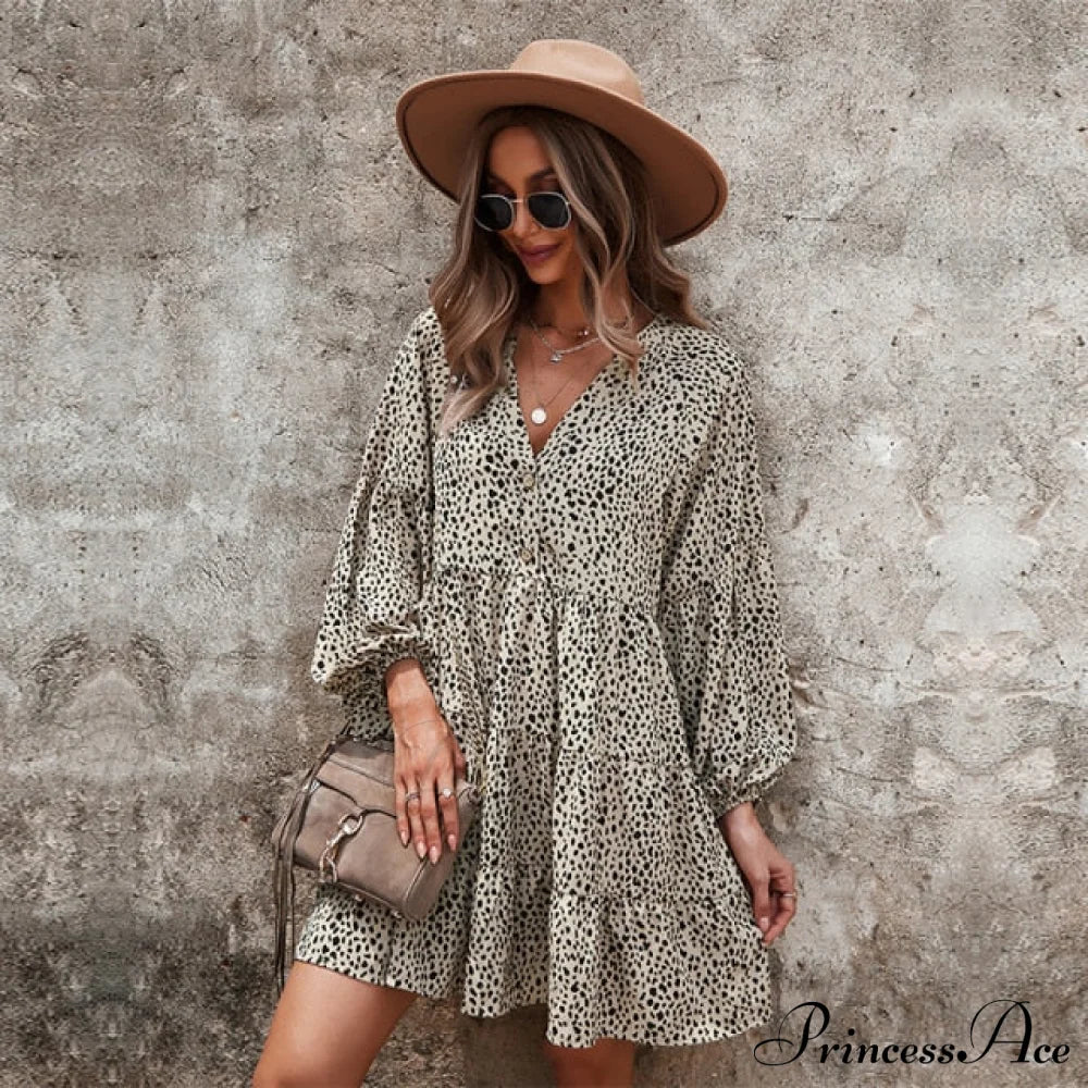 V Neck Button Full Sleeve Dot Mini Dresses