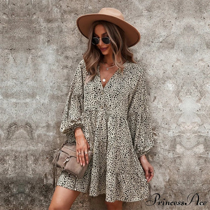 V Neck Button Full Sleeve Dot Mini Dresses
