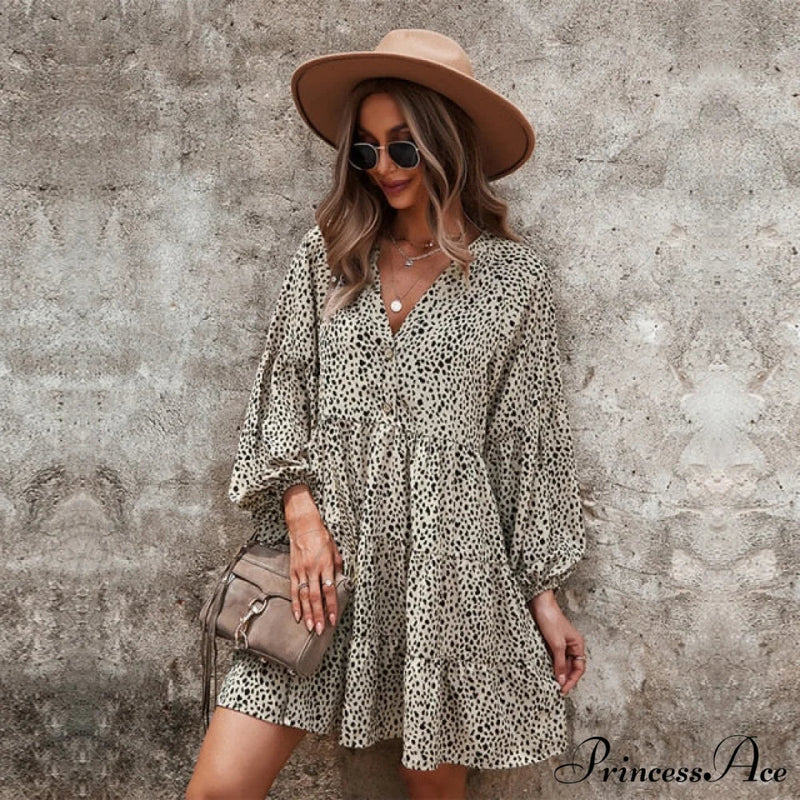 V Neck Button Full Sleeve Dot Mini Dresses