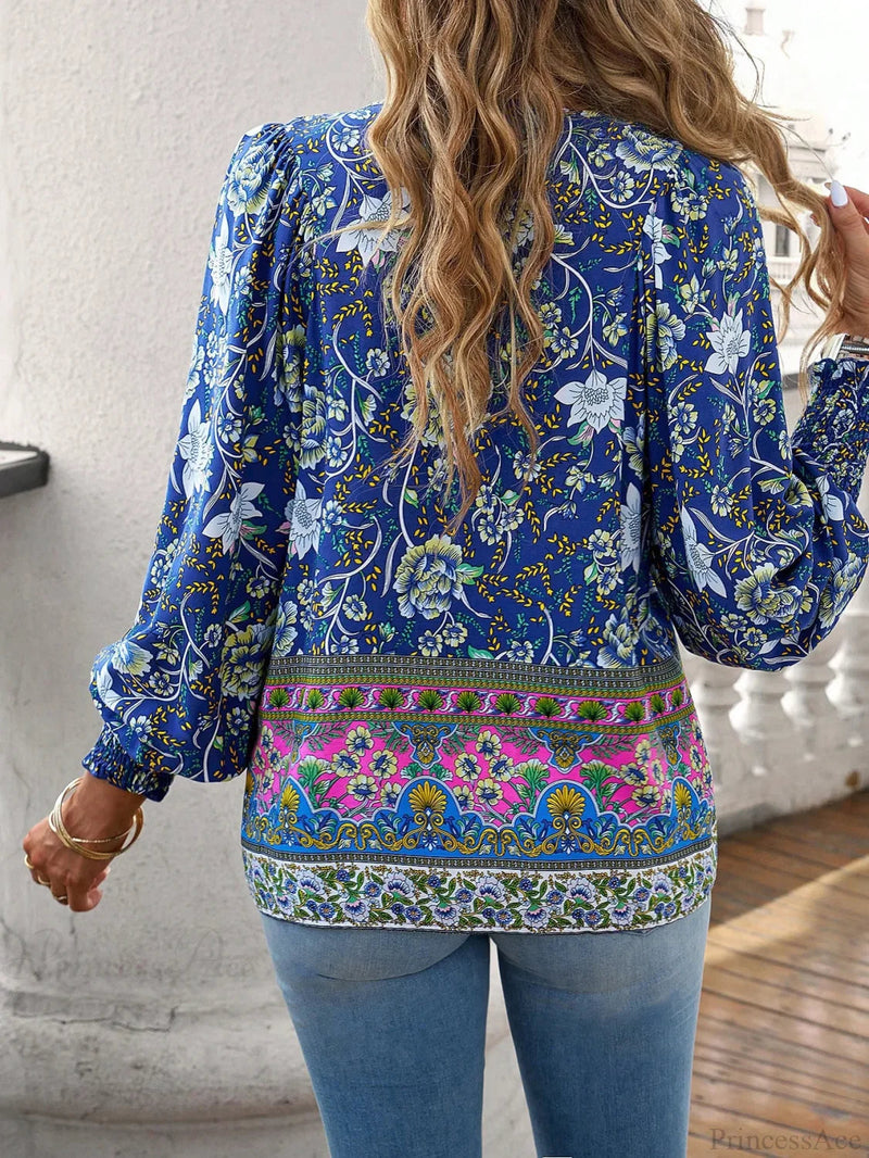 V-neck Print Long Sleeve Blouse