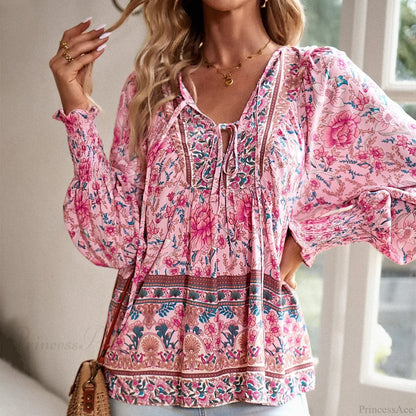 V-neck Print Long Sleeve Blouse