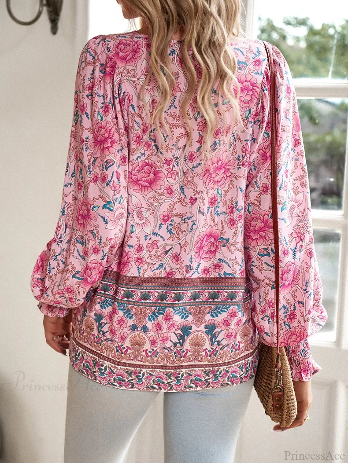 V-neck Print Long Sleeve Blouse