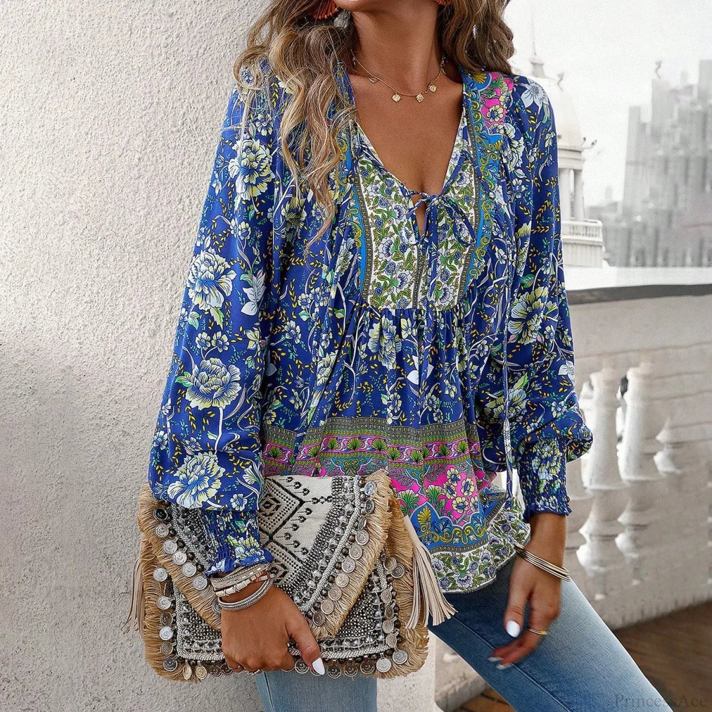 V-neck Print Long Sleeve Blouse