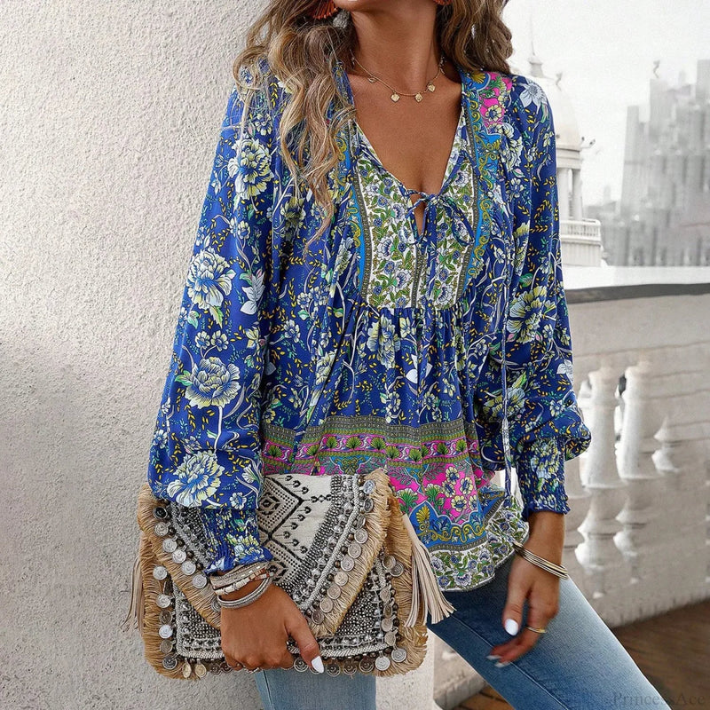 V-neck Print Long Sleeve Blouse