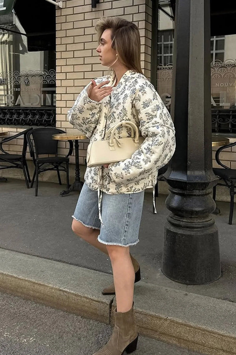 Versatile Printed V-neck Drawstring Padded Coat
