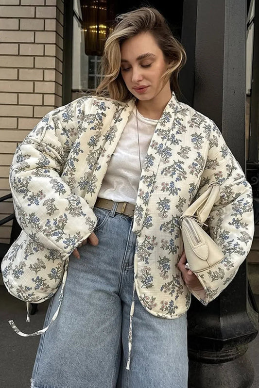 Versatile Printed V-neck Drawstring Padded Coat