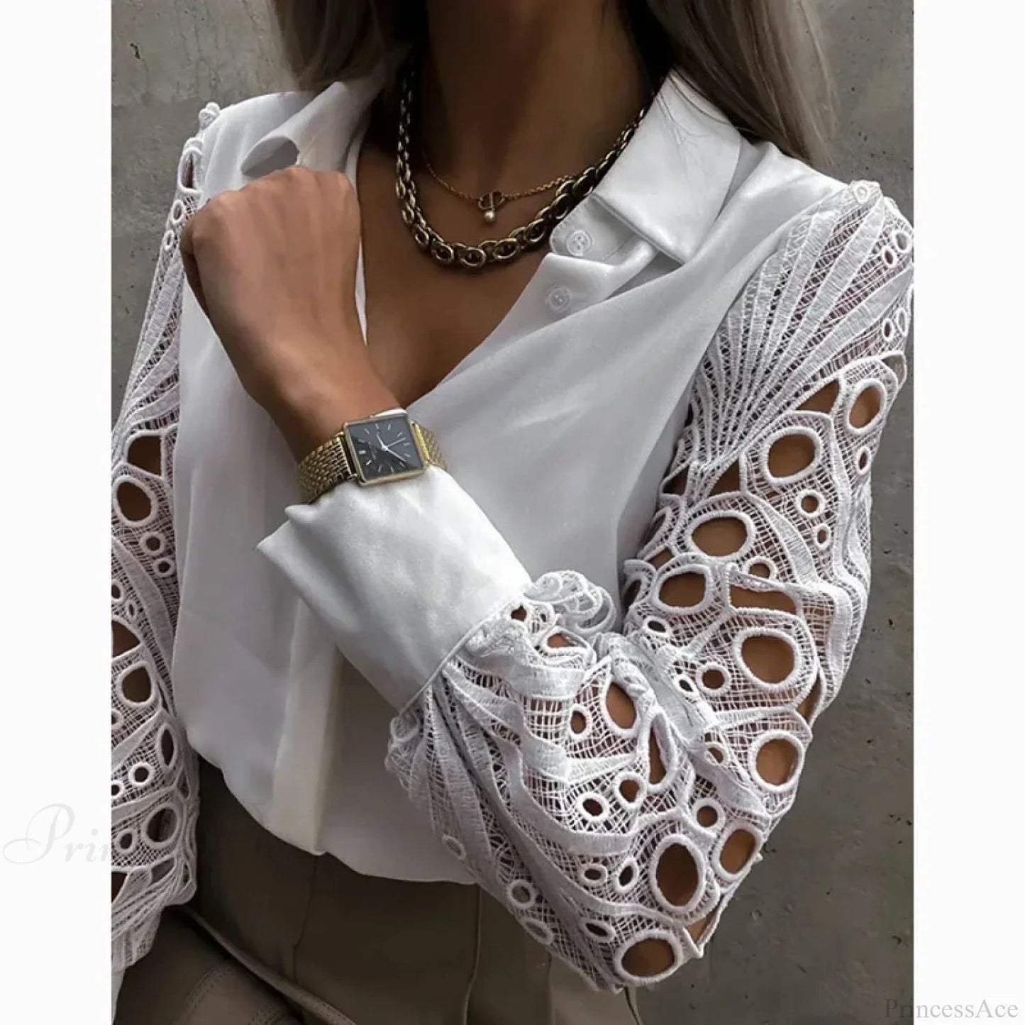 White Lace Hollow-out Button Blouse