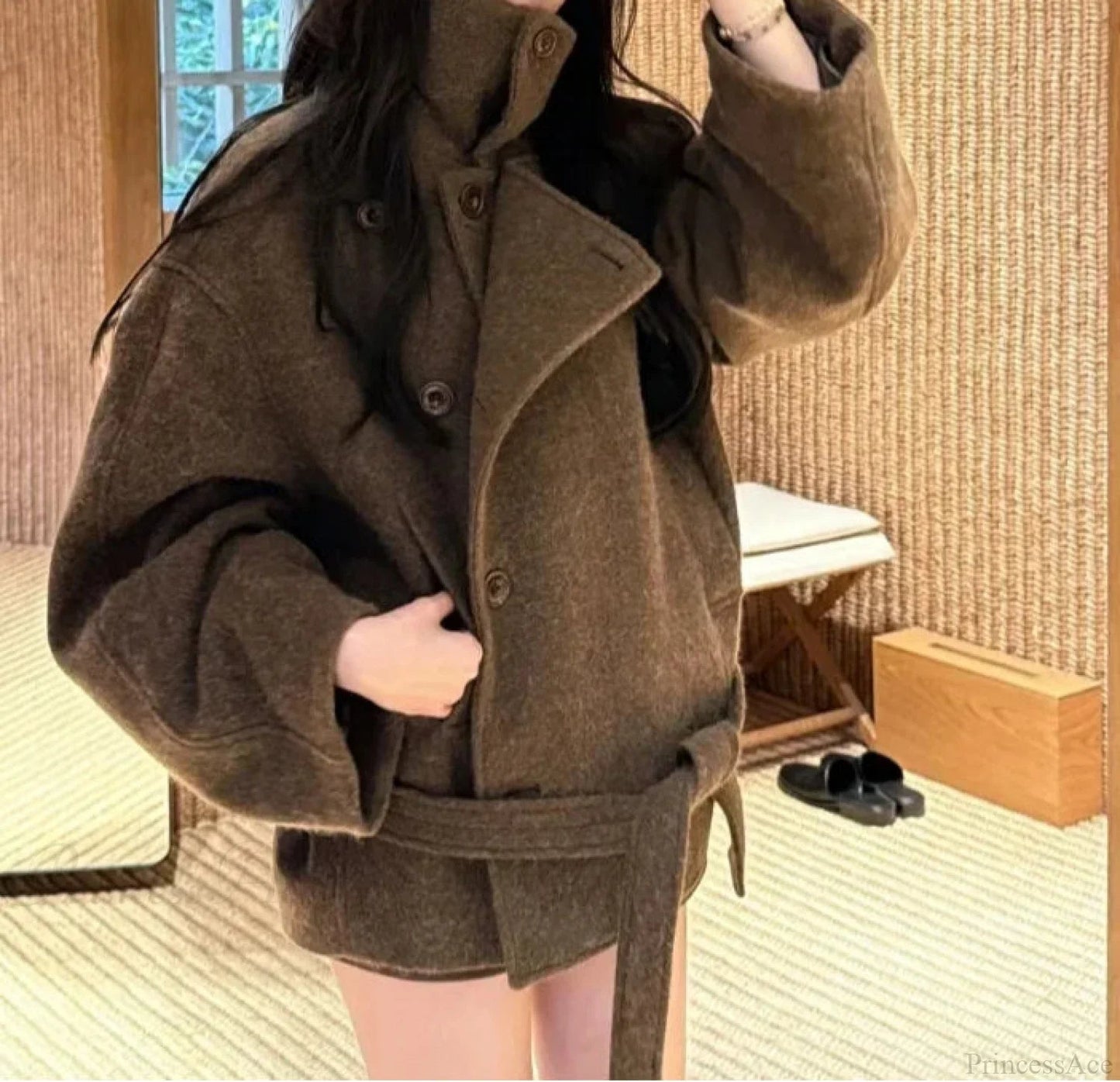 Wool Lace-up Stand Collar Overcoat