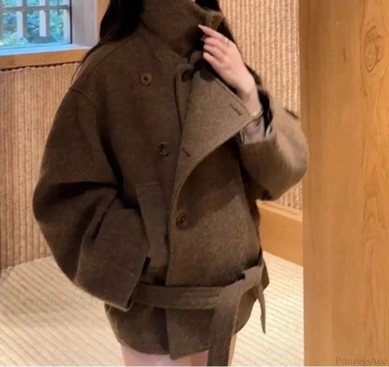 Wool Lace-up Stand Collar Overcoat