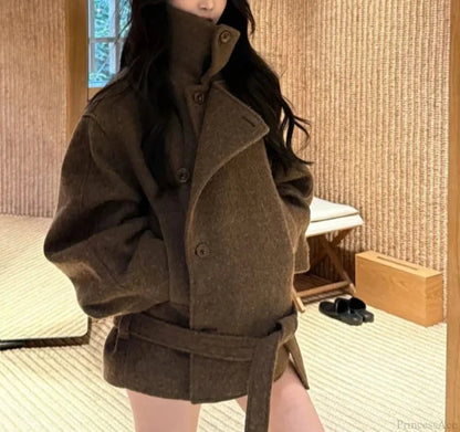 Wool Lace-up Stand Collar Overcoat