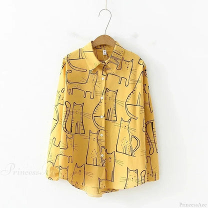 Cat Print Long Sleeve Blouse