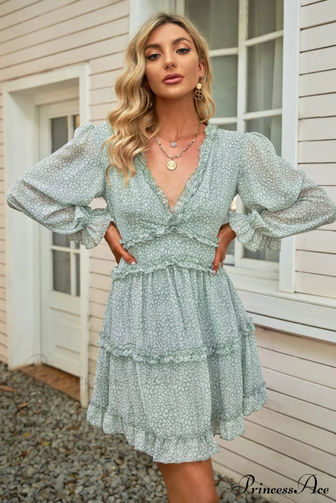 Causal Loose Color Pleated Classic V-neck Long Puff Sleeves Sweater Dress