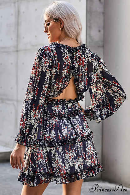 Causal Loose Color Pleated Classic V-neck Long Puff Sleeves Sweater Dress