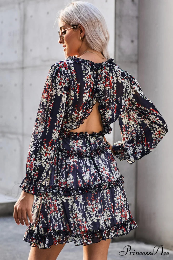 Causal Loose Color Pleated Classic V-neck Long Puff Sleeves Sweater Dress