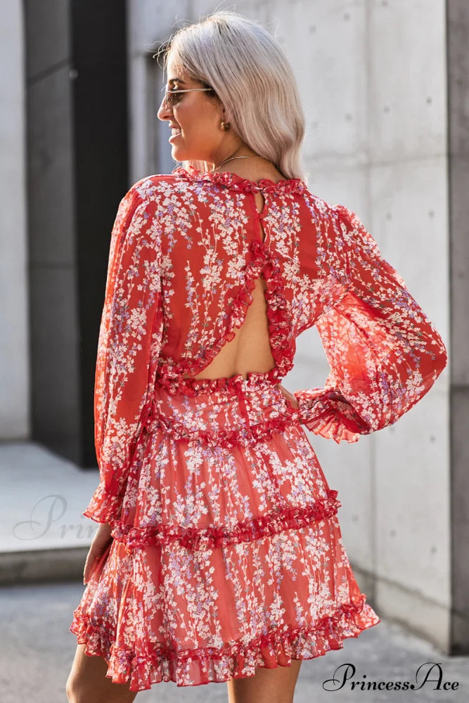 Causal Loose Color Pleated Classic V-neck Long Puff Sleeves Sweater Dress