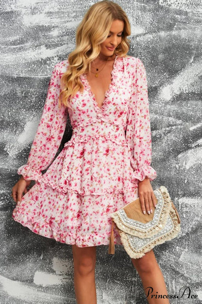 Causal Loose Color Pleated Classic V-neck Long Puff Sleeves Sweater Dress