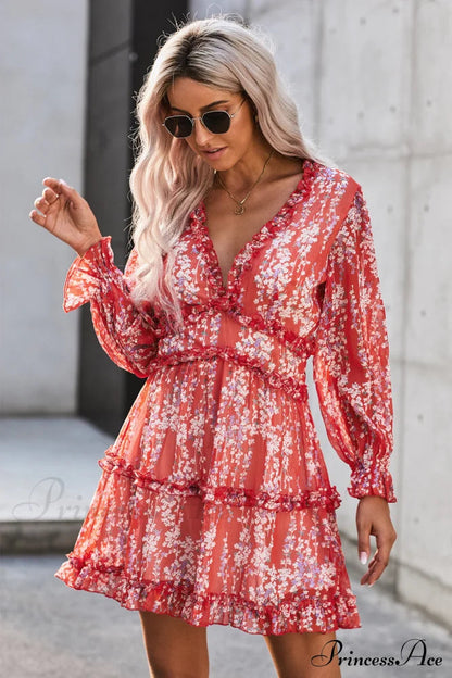 Causal Loose Color Pleated Classic V-neck Long Puff Sleeves Sweater Dress