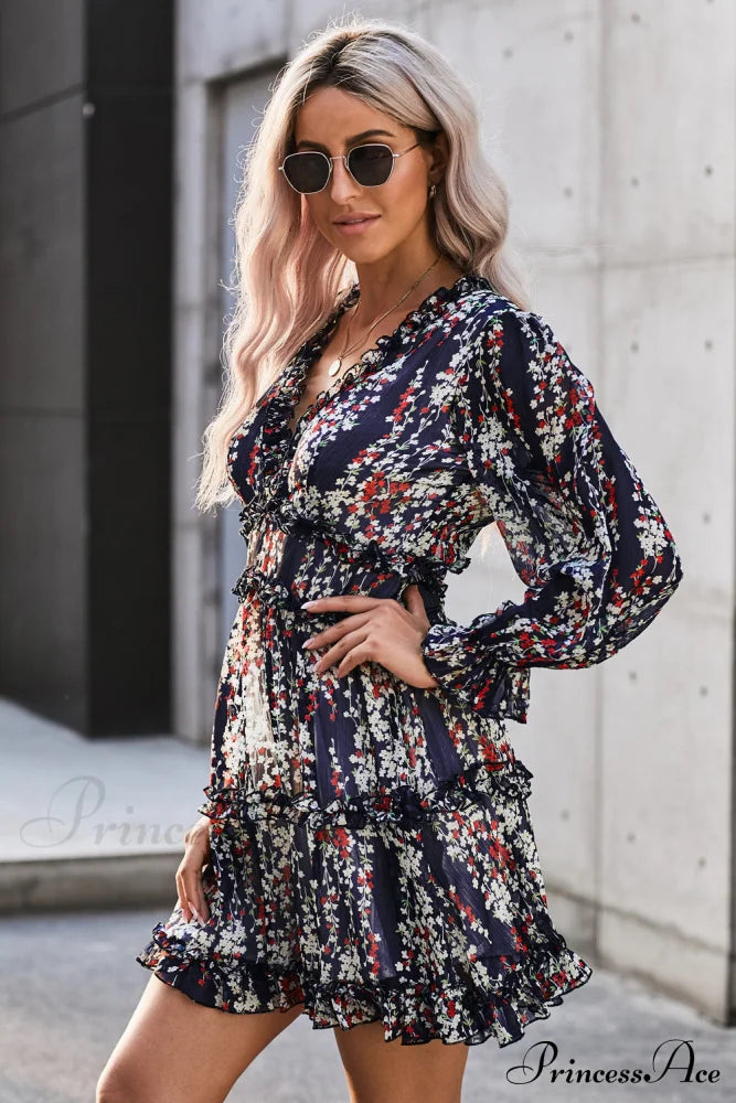 Causal Loose Color Pleated Classic V-neck Long Puff Sleeves Sweater Dress