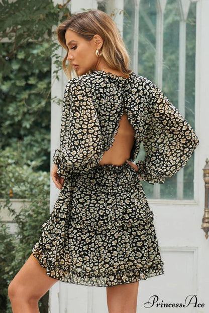 Causal Loose Color Pleated Classic V-neck Long Puff Sleeves Sweater Dress