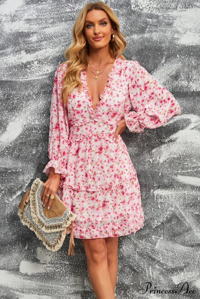 Causal Loose Color Pleated Classic V-neck Long Puff Sleeves Sweater Dress