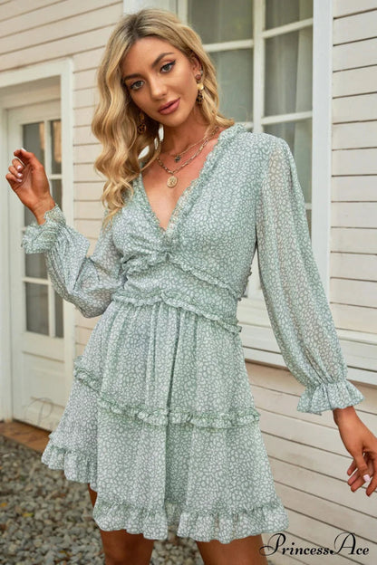 Causal Loose Color Pleated Classic V-neck Long Puff Sleeves Sweater Dress