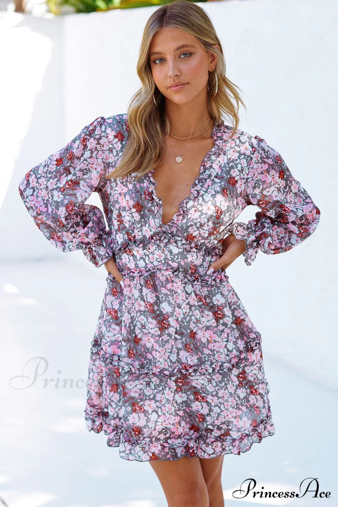 Causal Loose Color Pleated Classic V-neck Long Puff Sleeves Sweater Dress