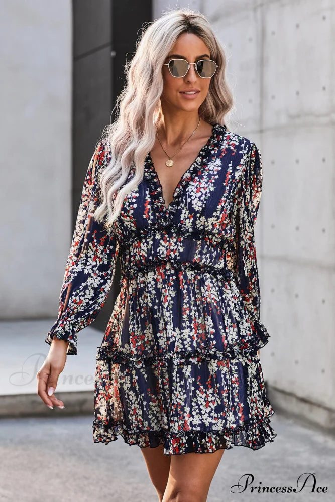 Causal Loose Color Pleated Classic V-neck Long Puff Sleeves Sweater Dress