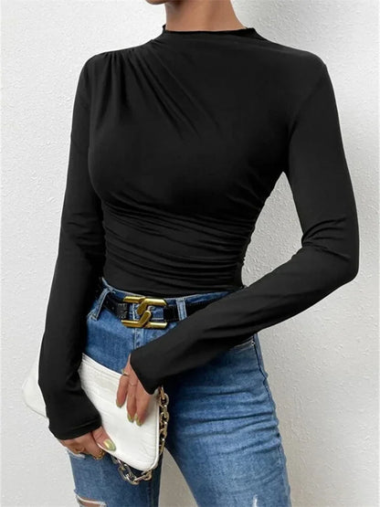 Pleated T-shirt for Patchwork Long Sleeve High Waist Inner Ruffled Crop Top Y2k Top Tee