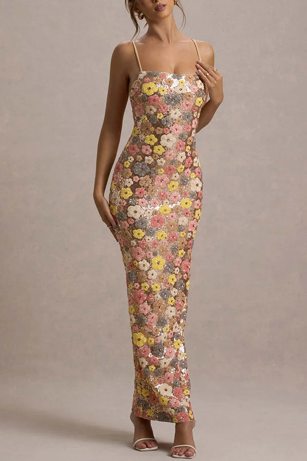 80's Inspired Print Sequin Square Neck Slip Stretch Maxi Dress