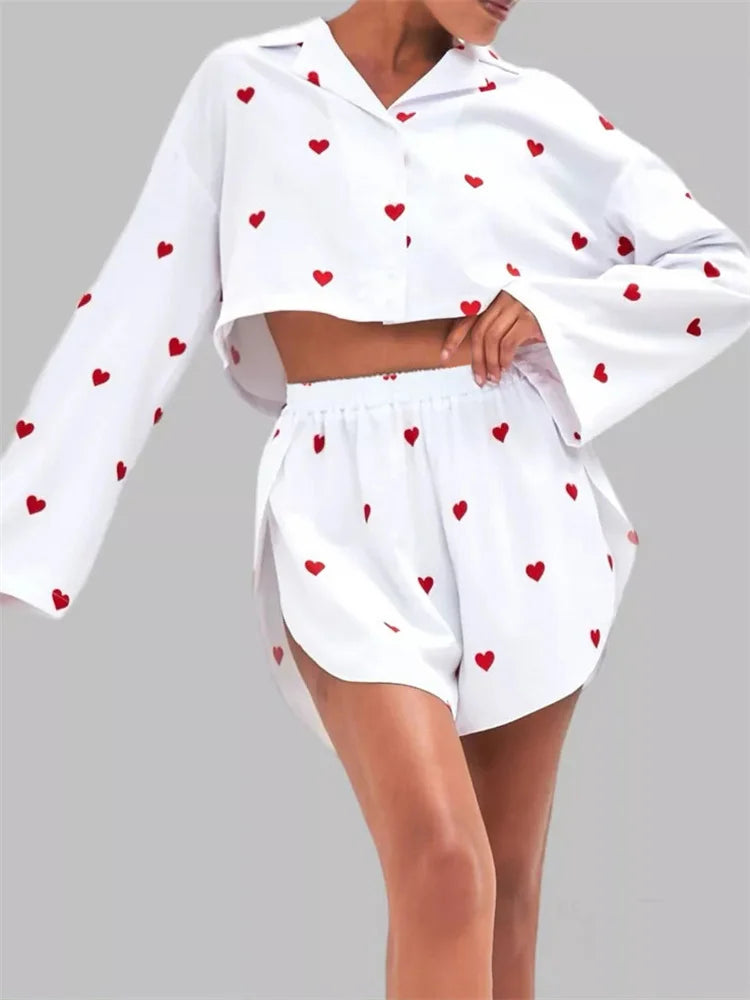 Loose 2 Piece-set Shorts Outfits ’s Patchwork V-neck Cropped Pullover and High Waist Shorts Female Sets