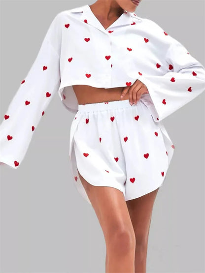 Loose 2 Piece-set Shorts Outfits ’s Patchwork V-neck Cropped Pullover and High Waist Shorts Female Sets