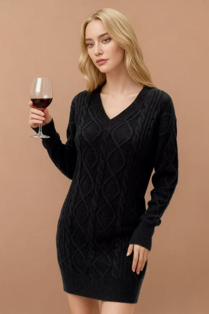 V-neck Cable Knit Sweater Dress