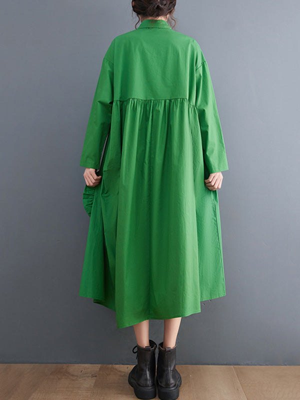 Urban Applique Pleated Long Sleeves Shirt Dress Midi Dress