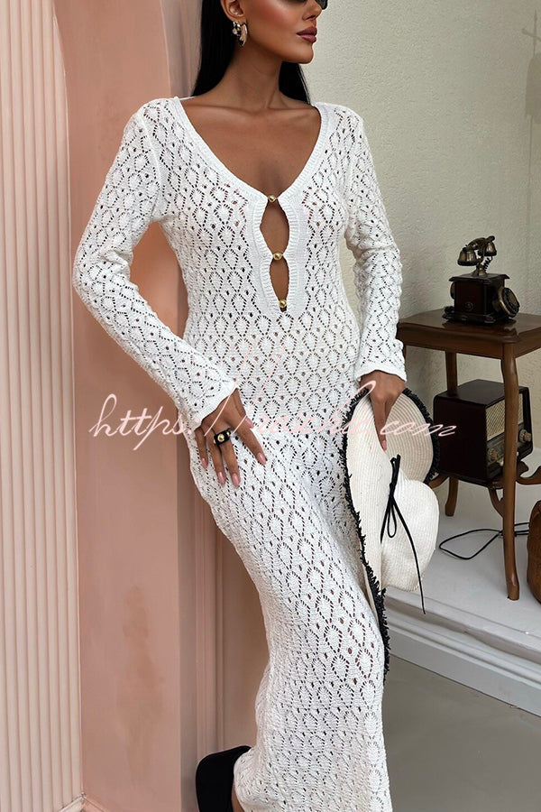 V-neck Long-sleeved Hollow Slim Maxi Dress