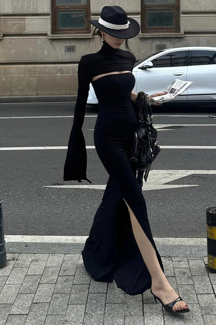 French High-end Slim Asymmetric Long-sleeve Maxi Dress