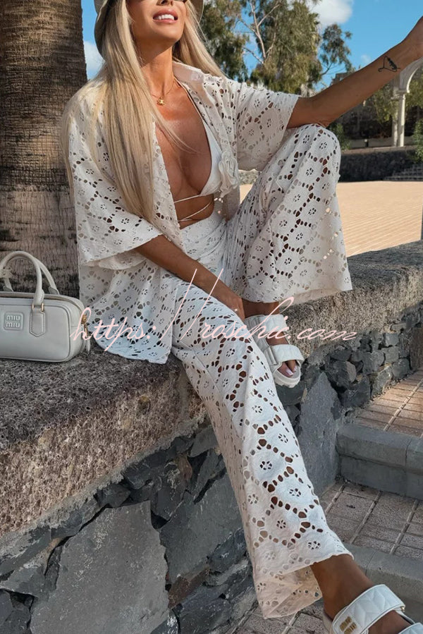 Holiday Crochet Flowers Lace Short Sleeve Shirt and Elastic Waist Wide Leg Pants Set