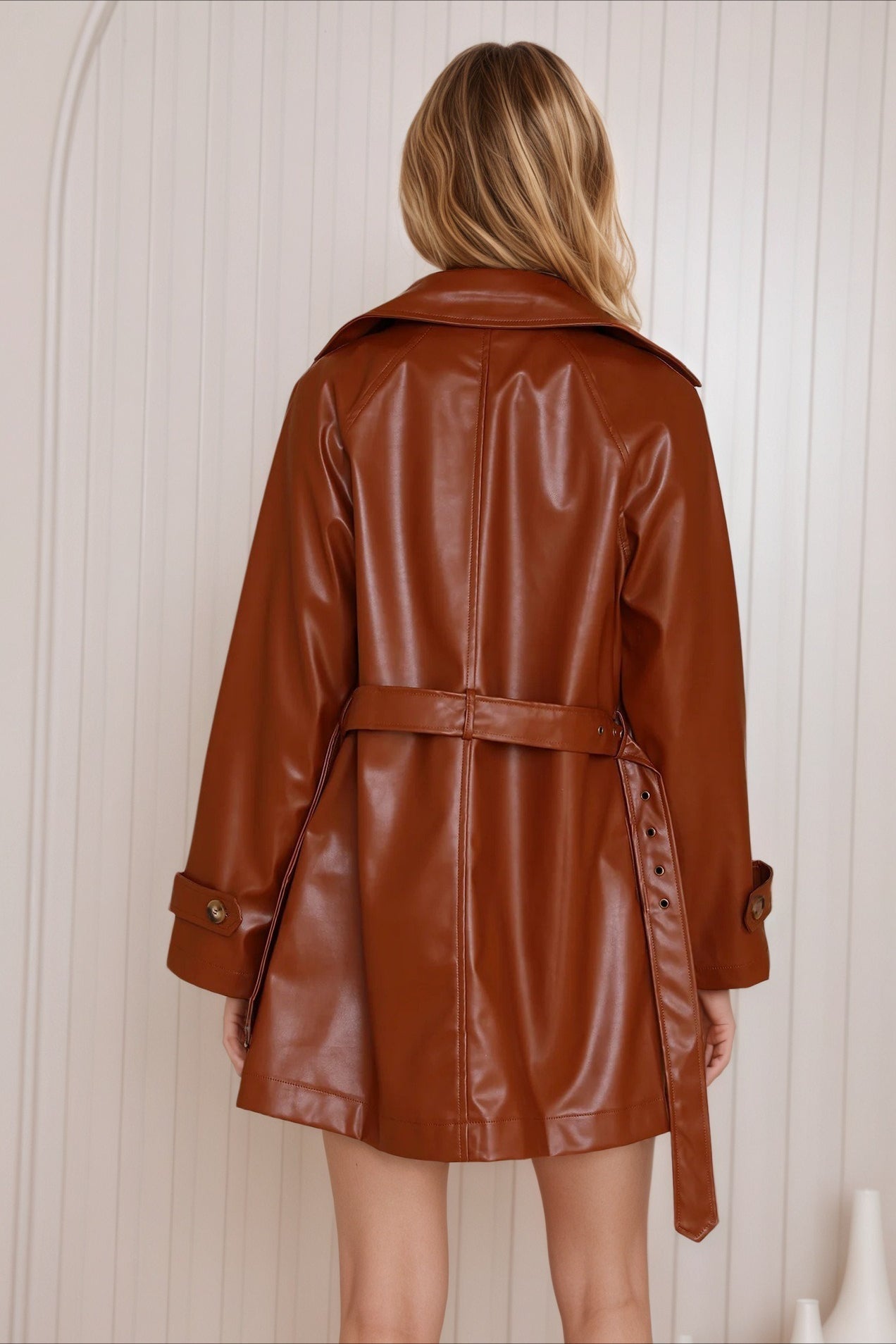 Brown Mid-length Fitted Leather Coat