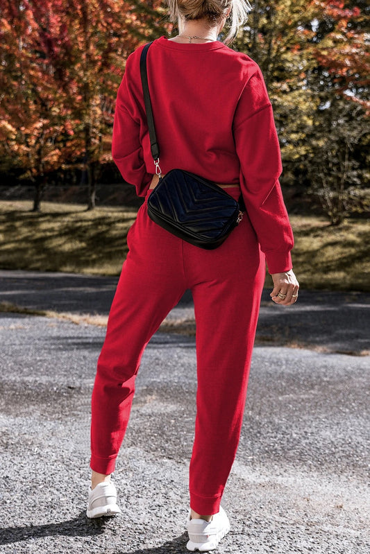 Racing Red Color High Low Pullover and Pants Set