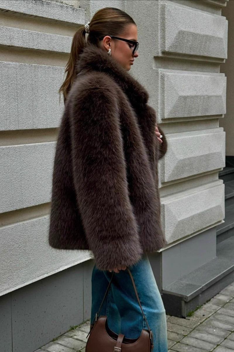 Brown Faux Fox Fur Wide Collar Mid-length Fluffy Coat