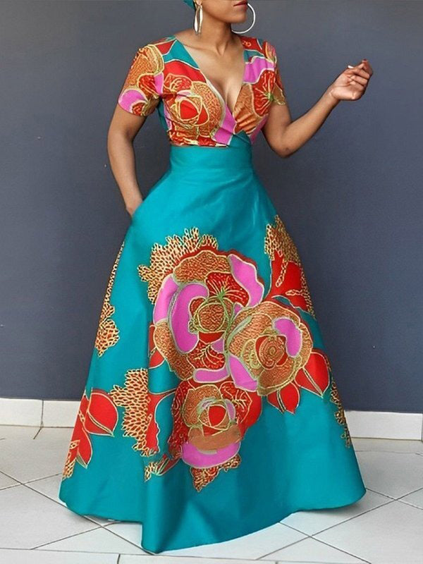 A-line Loose Printed Split-joint Deep V-neck Evening Dresses Maxi Dresses