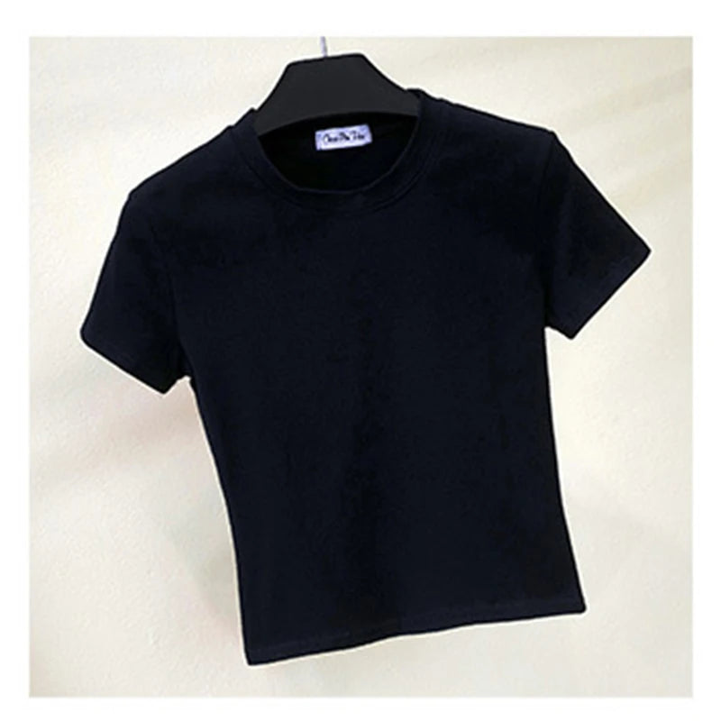 Green Crop Top T-shirt Female Cotton O-neck Short Sleeve T-shirts for High Waist Slim Short Sport Femme T-shirt